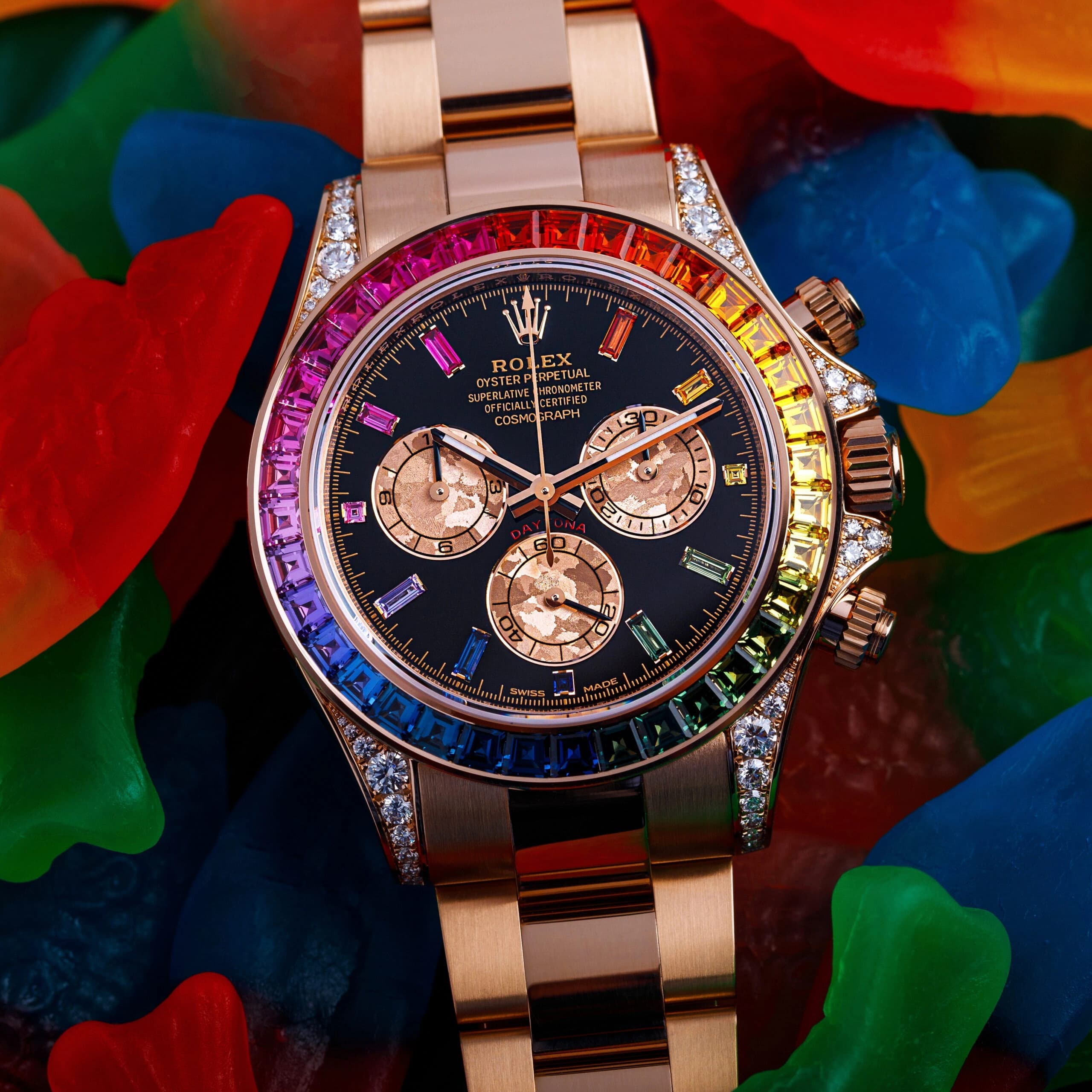 Rolex Cosmograph Daytona "Rainbow" — 18k Everose Gold, Baguette Sapphire Bezel, Diamond-Set Case (Ref. 116595RBOW / 126595RBOW family)